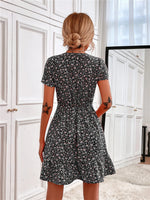 Printed Ruffled Hem V-Neck Short Sleeve Mini Dress