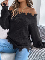 Distressed Hem Openwork Off-Shoulder Sweater