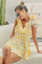 BiBi Ruffled Neckline Sleeveless Check Plaid Peplum Top