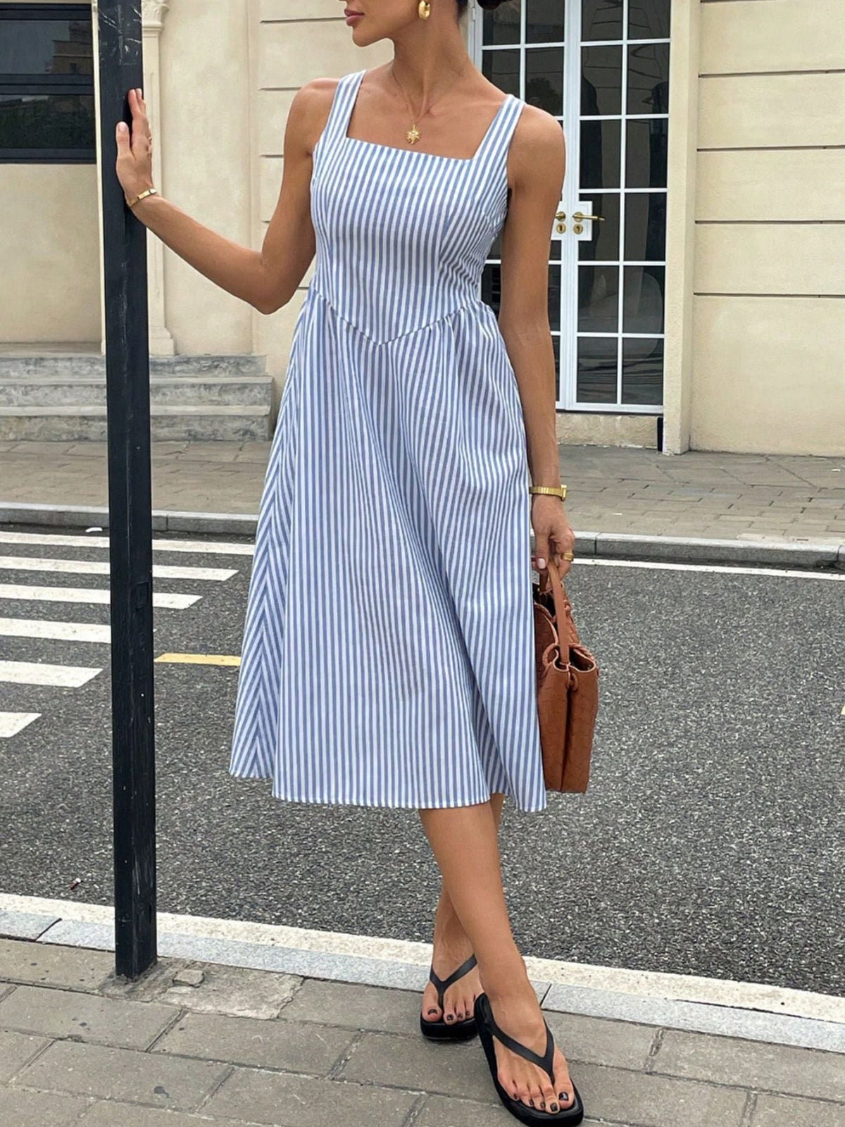 Striped Square Neck Midi Dress