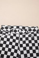 Checkerboard Print Distressed Holes Raw Edge Cropped Jeans