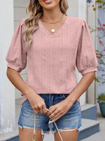 Puff Sleeve V-Neck Eyelet Lace T-Shirt