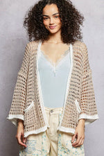 POL Open Front Openwork Cardigan with Contrast Trim