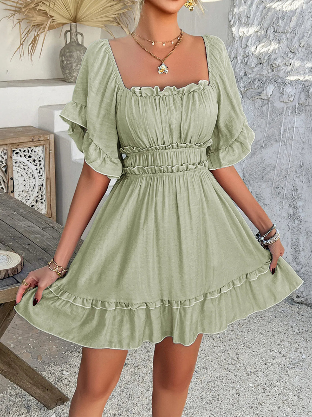 Square Neck Ruffle Trim Mini Dress