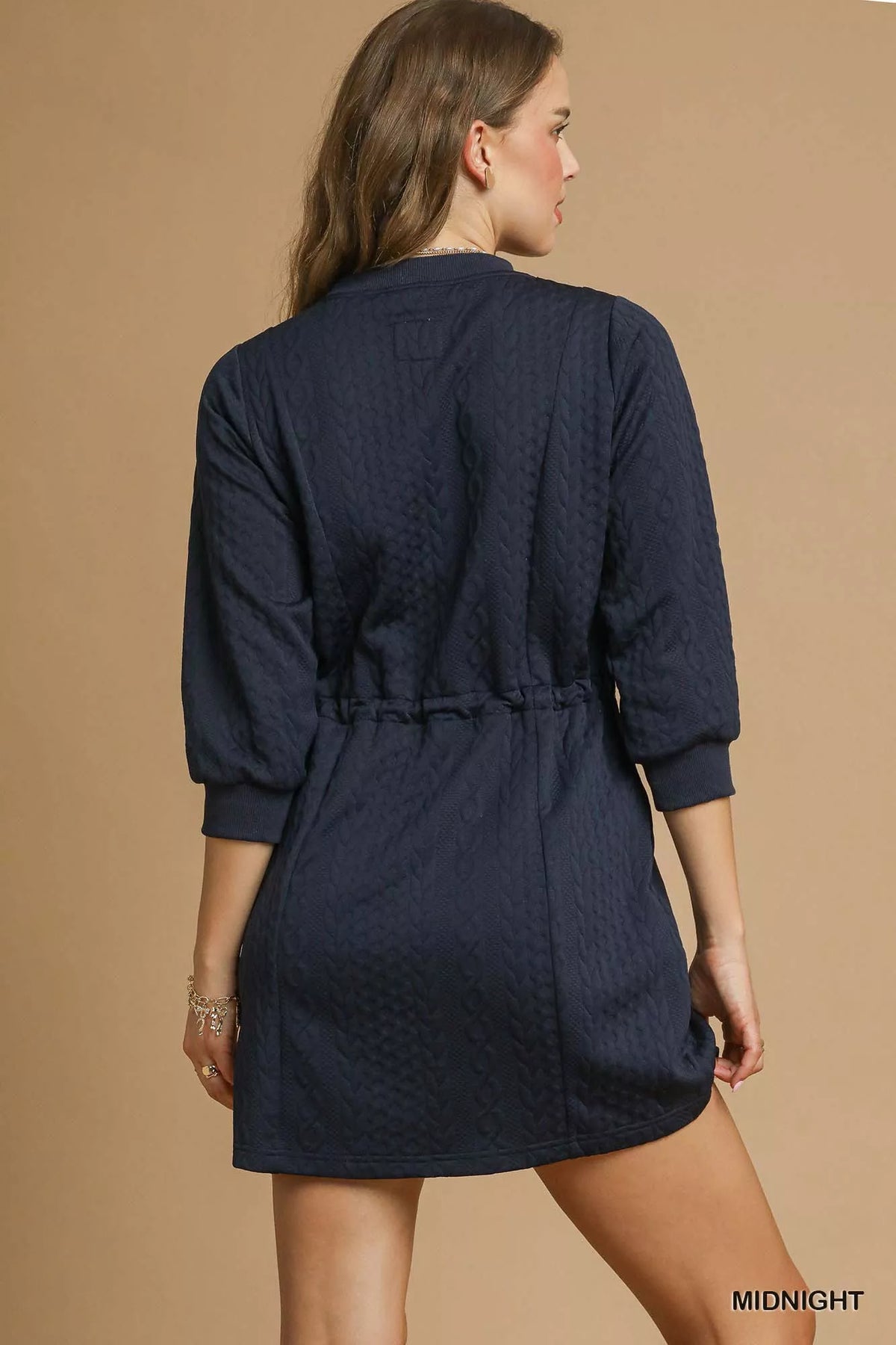 Umgee Drawstring Cable Knit Mini Dress with Pockets