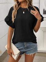 Eyelet Round Neck Flounce Sleeve Top
