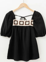 Flower Crochet Square Neck Puff Sleeve Blouse