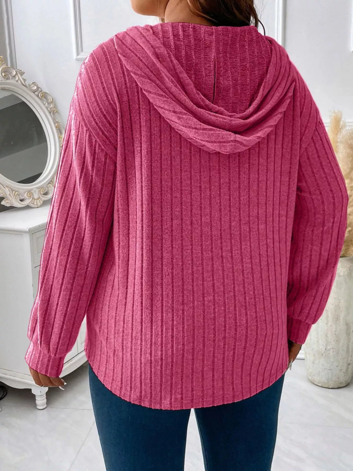 Ribbed Knit Drawstring Hooded T-Shirt