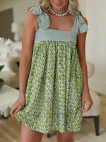Printed Square Neck Tie Shoulder Mini Dress