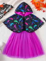 Children's Halloween Bat Print Hooded Cape and Tulle Dress Set