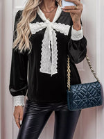 Lace Bow Tie Velvet Blouse