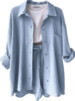 Textured Button Up Shirt and Shorts Set