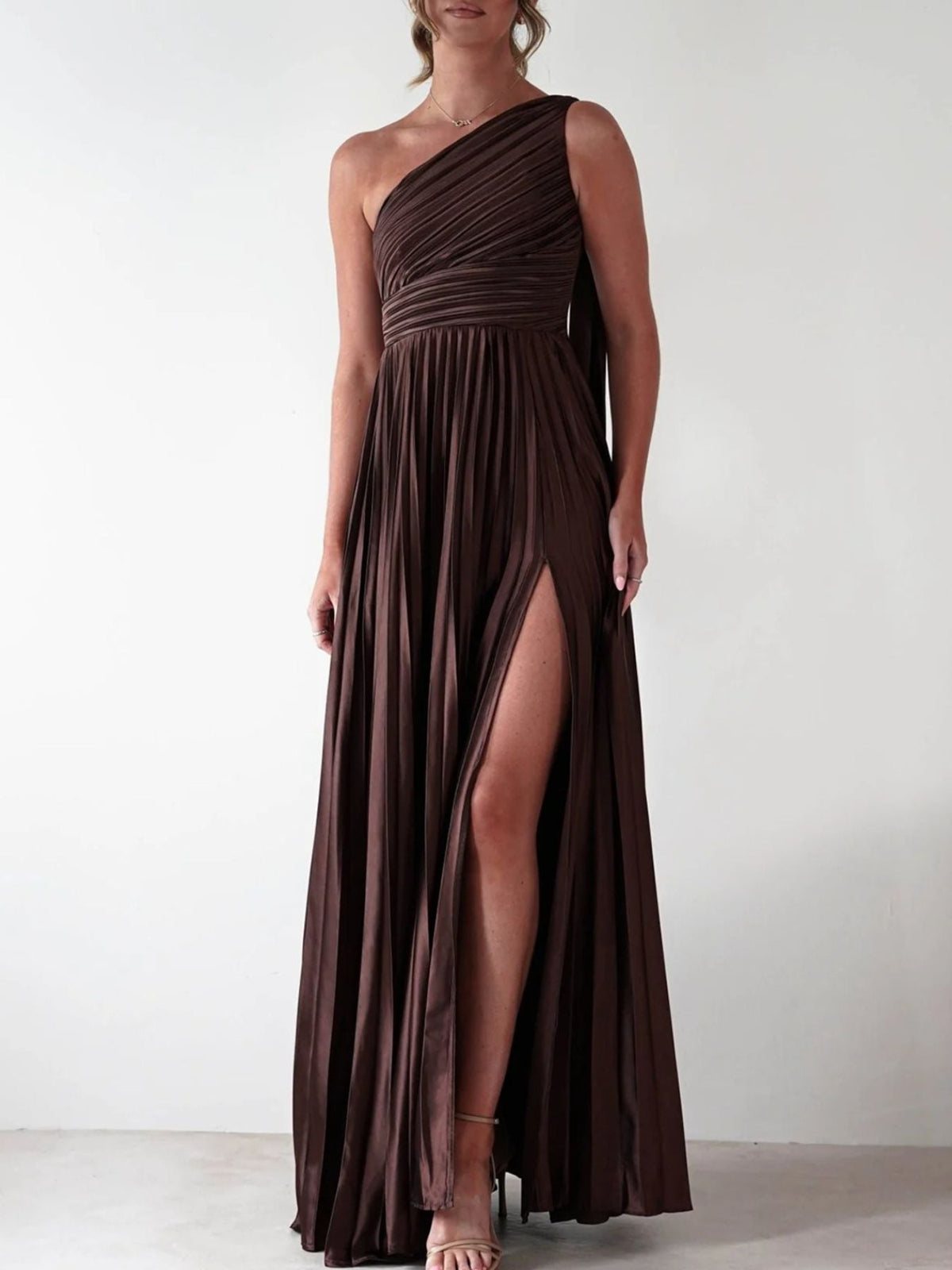 One-Shoulder Pleated Slit Maxi Dress