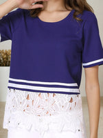 Striped Trim T-Shirt with Lace Hem Detail