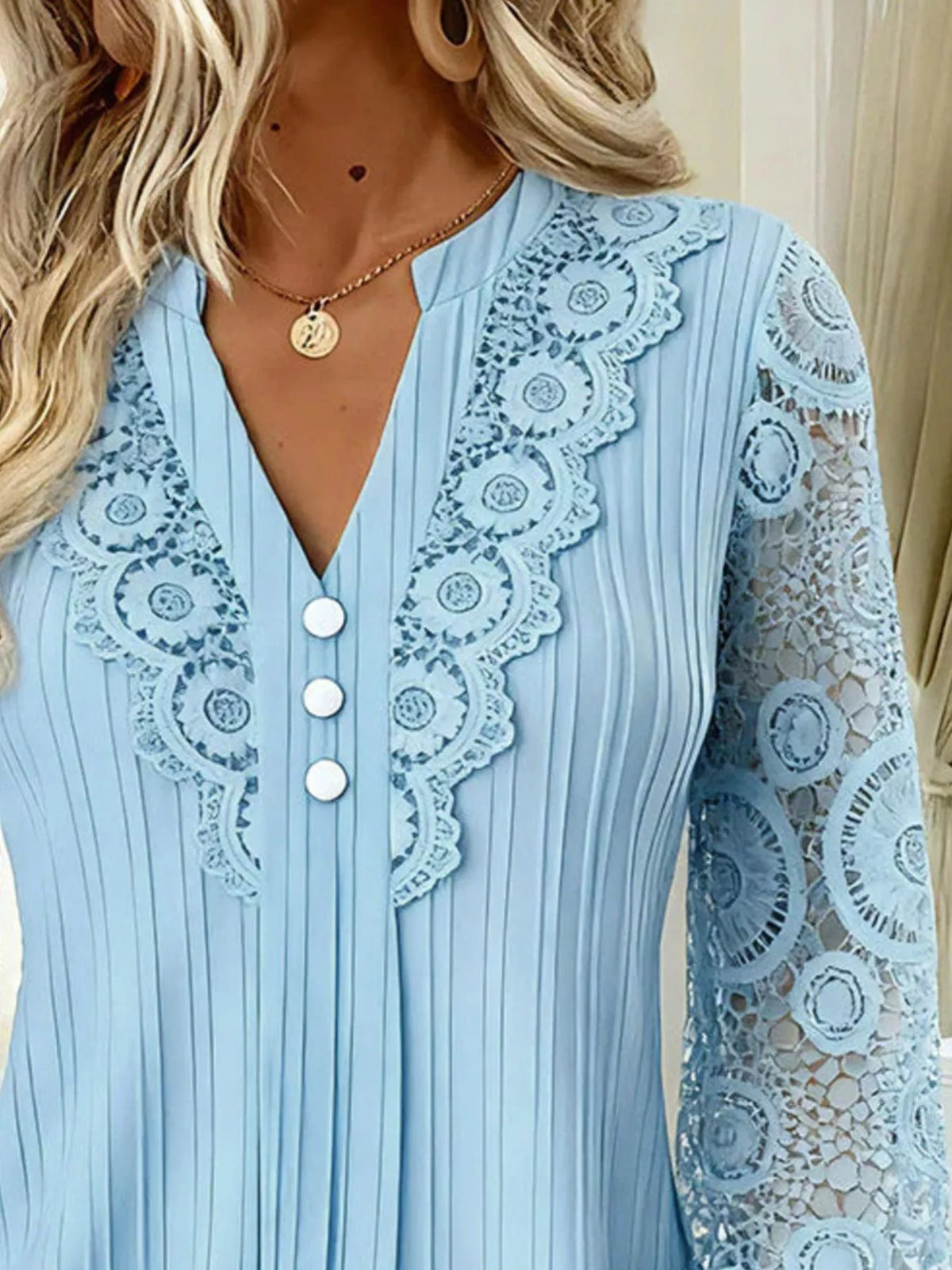 Lace Long Sleeve Notched Blouse