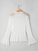 Sheer Lace Bell Sleeve Mock Neck Blouse