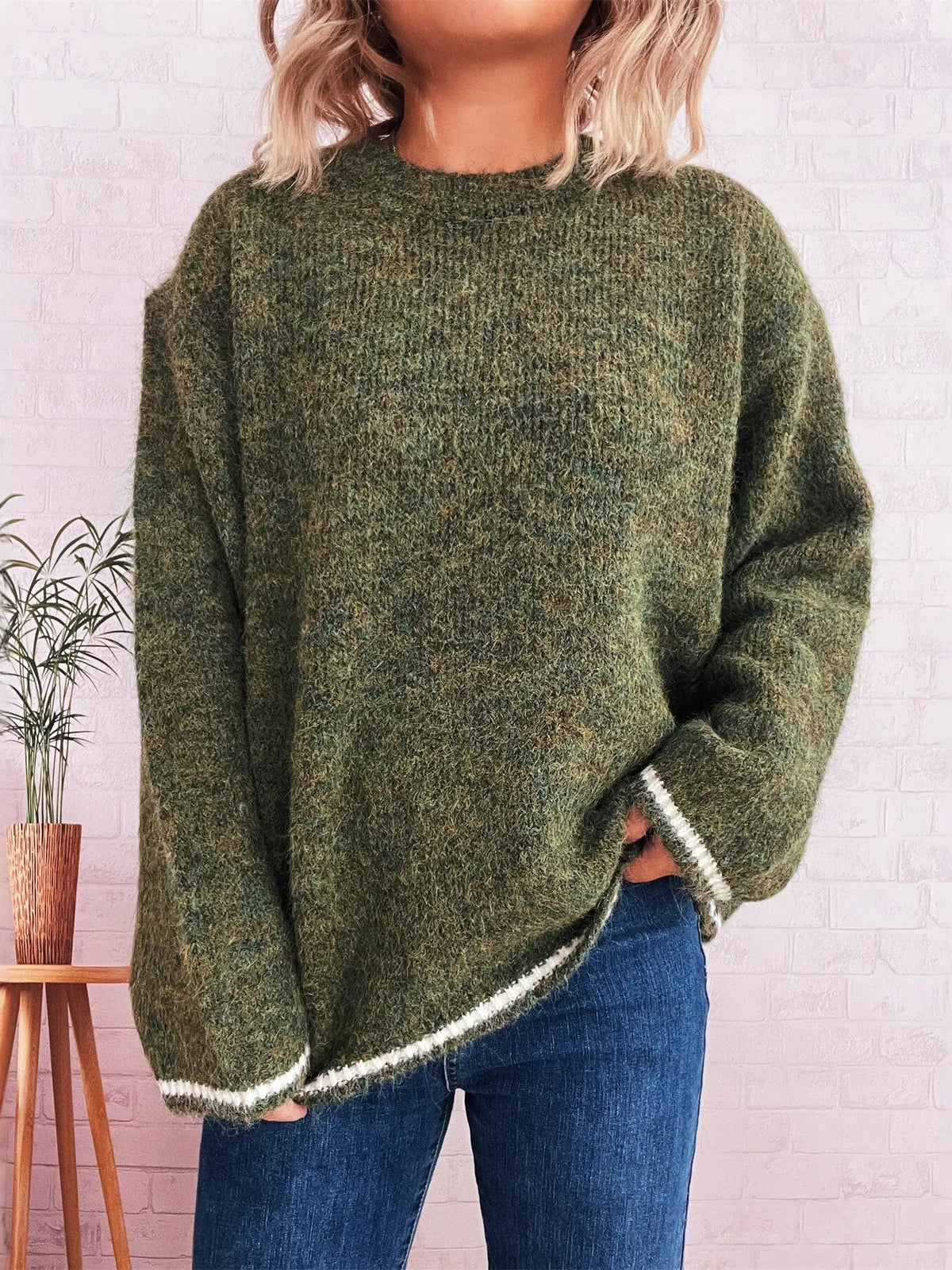 Contrast Trim Round Neck Cozy Sweater