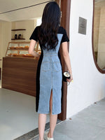 Full Size Denim Patchwork Short Sleeve Slit Back Dress Plus Size