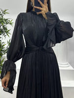 Pleated Mock Neck Long Sleeve Maxi Dress