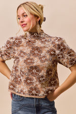 SO ME Texture Floral Mesh Top With Back Button Closure