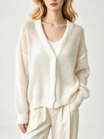 V-Neck Open-Knit Button-Down Cardigan