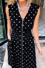 Polka Dot Zipper Front Midi Dress