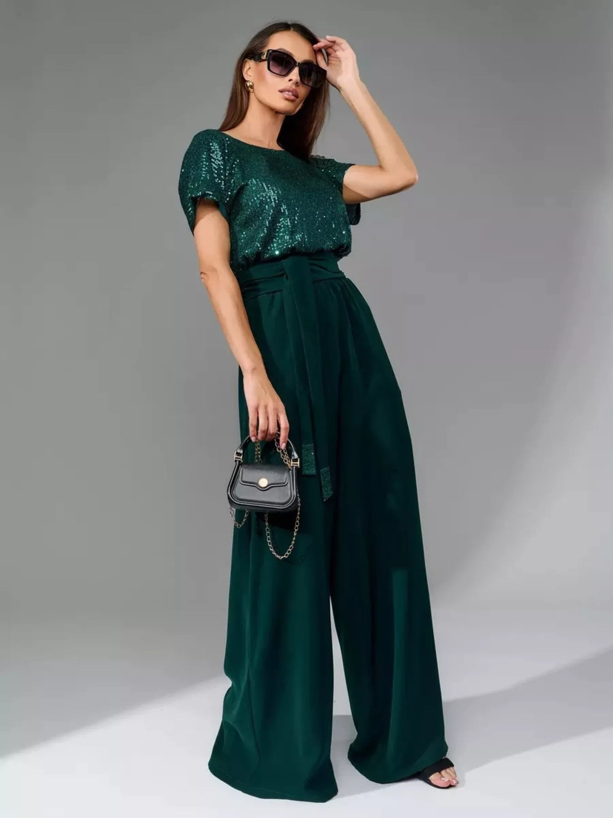 Full Size Sequin Short Sleeve Wide Leg Jumpsuit Plus Size