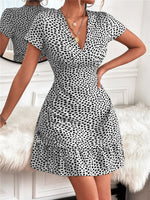 Printed Ruffled Hem V-Neck Short Sleeve Mini Dress