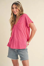 Aemi + Co Side Slit V-Neck Short Rolled Sleeve T-Shirt
