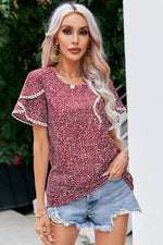 Printed Pom Pom Detail Petal Sleeve Blouse