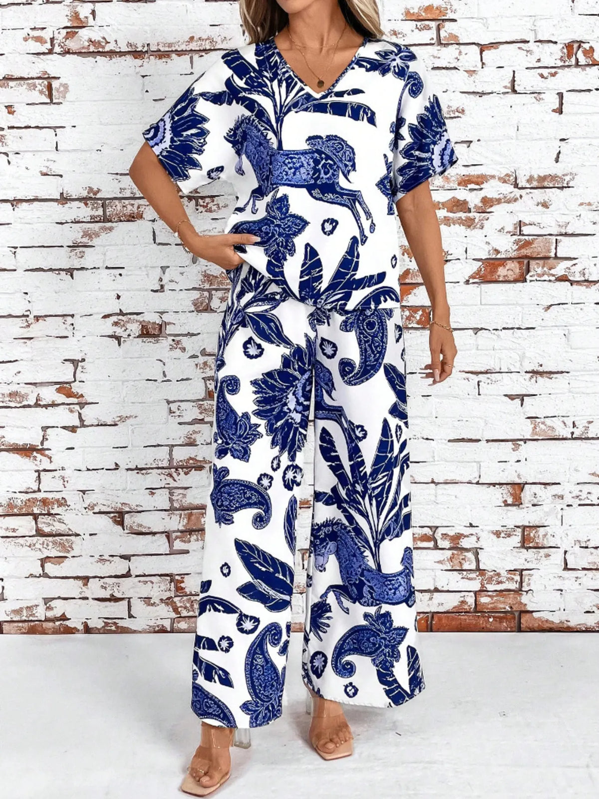 Printed V-Neck Top and Wide Leg Pants Set