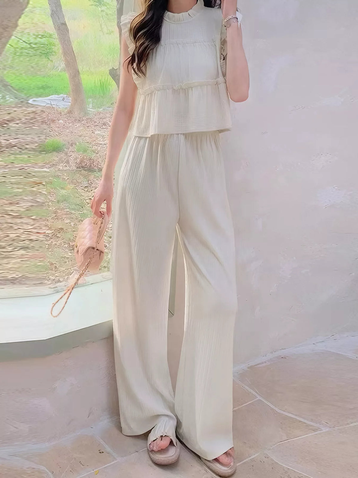 Ruffled Sleeveless Top and Wide Leg Pants Set