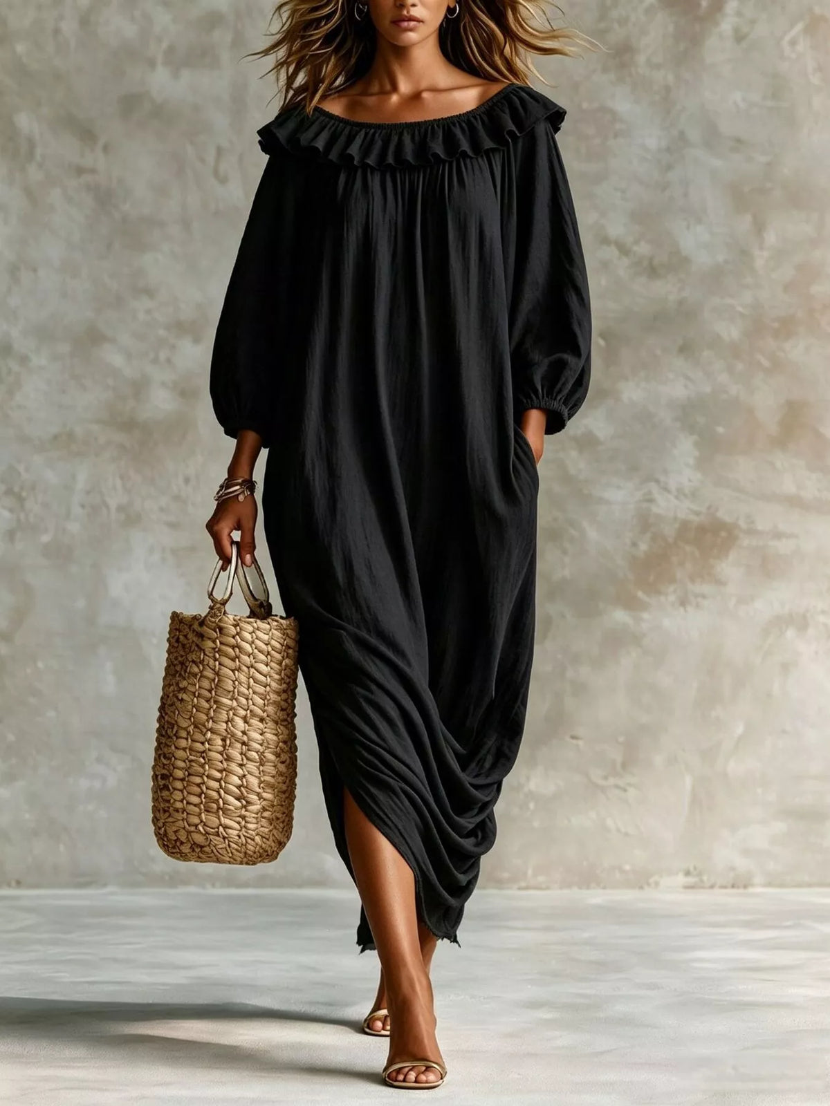 Ruffled Boat Neck Ruched Midi Dress
