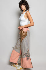 POL Striped Floral Patchwork Wide leg Pants with Side Big Star Patch