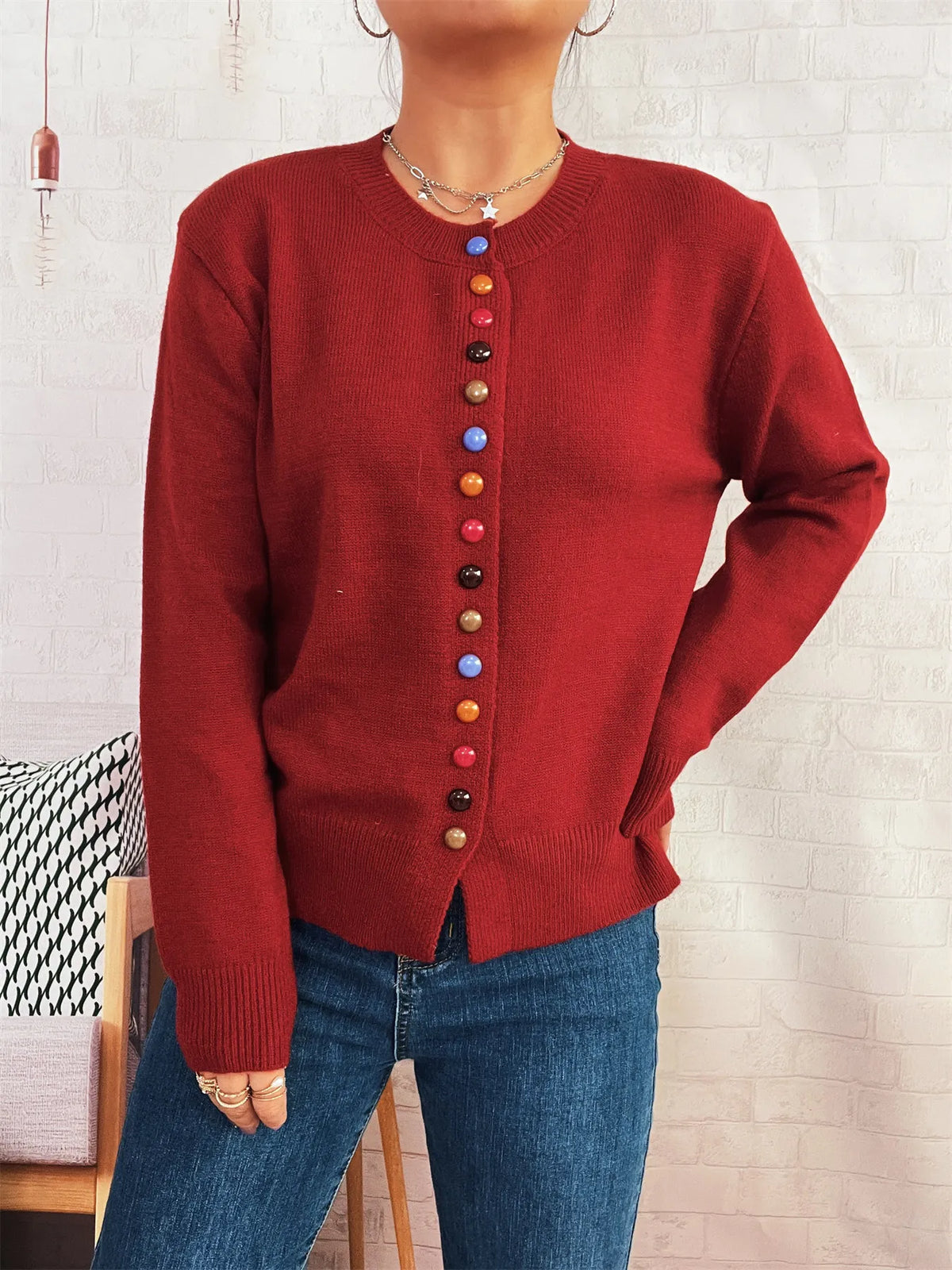 Button-Front Cardigan with Colorful Detail Buttons