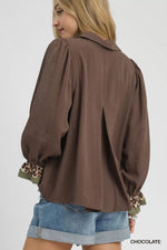 Umgee Half Button Blouse with Leopard Print Trim