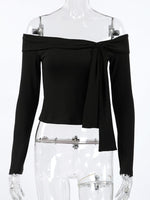 Off-Shoulder Tie-Front Long Sleeve Blouse