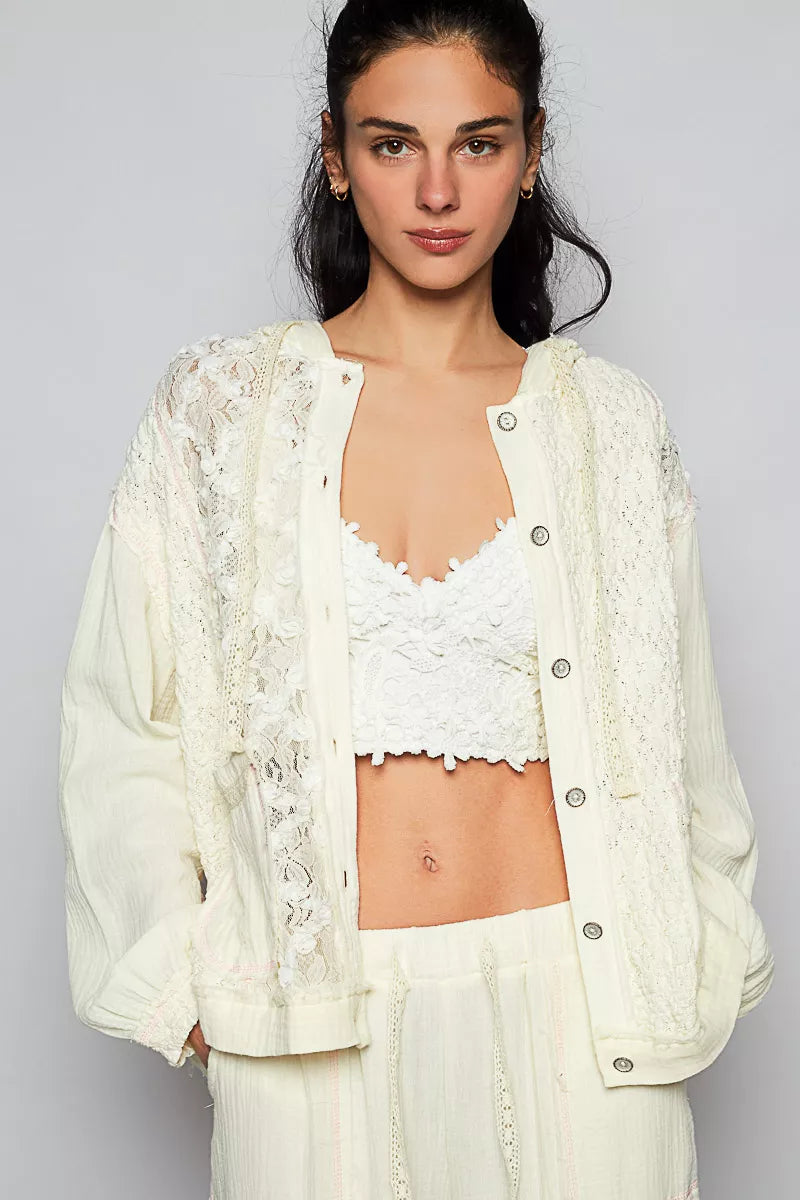 POL Exposed Seam Button Down Hooded Jacket with Lace Detail