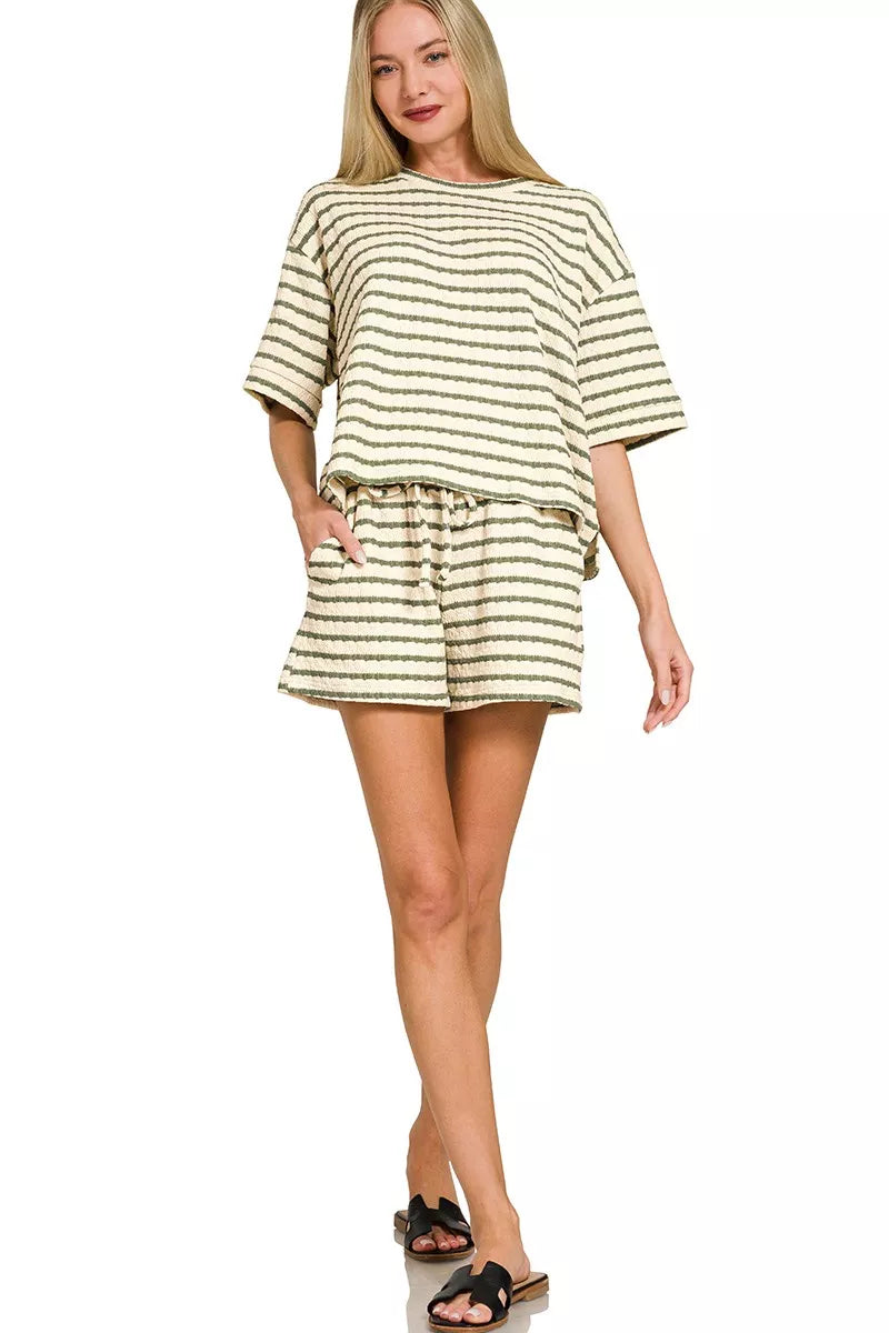 Zenana Striped Short Sleeve Tee & Shorts Set