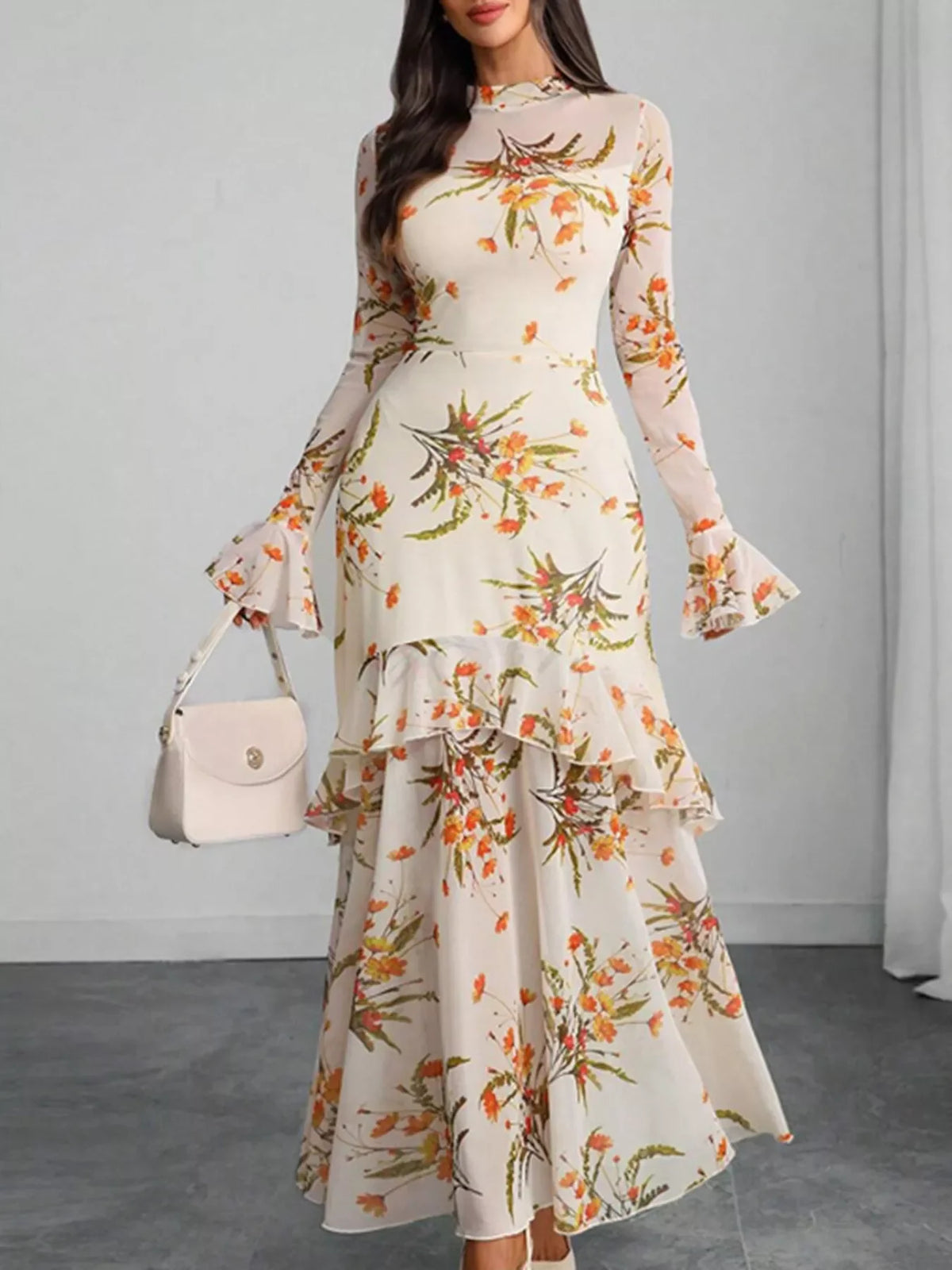 Floral Print Flounce Sleeve Mermaid Maxi Dress