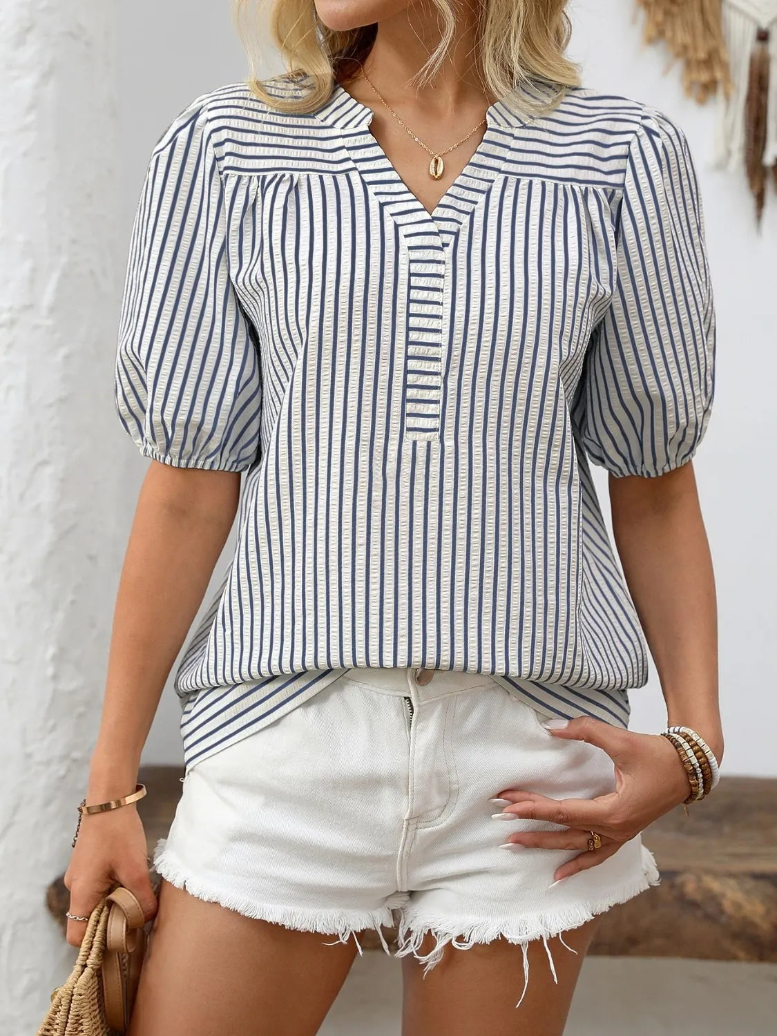 Striped Notched Puff Sleeve Blouse