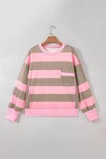 Striped Colorblock Patch Pocket Split Hem Oversized Long Sleeve Sweatshirt