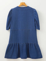 Drawstring High Waist Puff Sleeve Denim Mini Dress