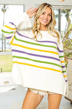 BiBi Ribbed Hem Mardi Gras Stripe Sweater