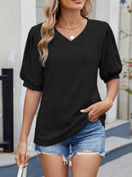 Puff Sleeve V-Neck Eyelet Lace T-Shirt