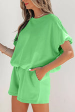 Solid Color Puffy Loose Top Drawstring Shorts 2pcs Outfit