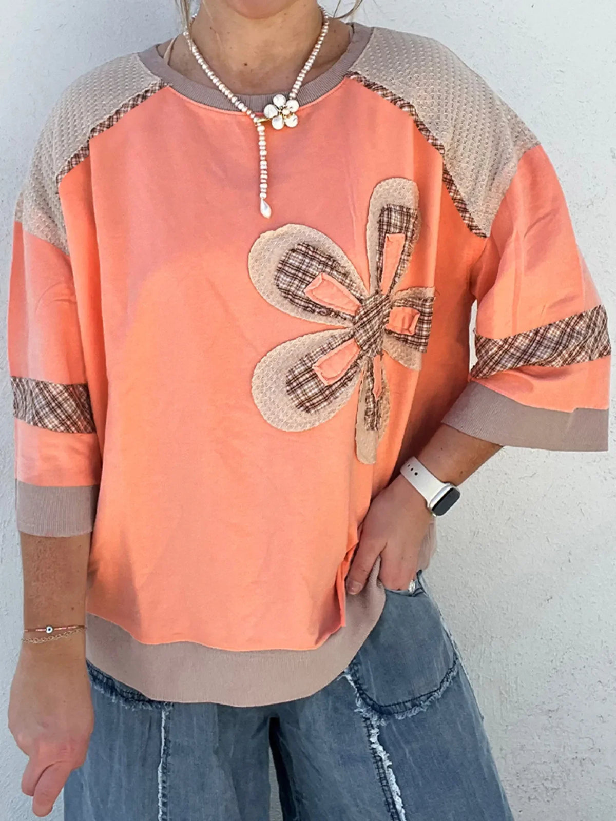 Plaid Waffle Flower Patchwork Contrast Top