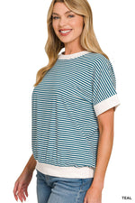 Zenana Stripe Contrast Trim Banded Bottom Top