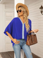 Printed Trim V-Neck Batwing Sleeve Blouse