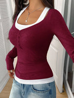 Scoop Neck Long Sleeve Fake Two-Piece T-Shirt